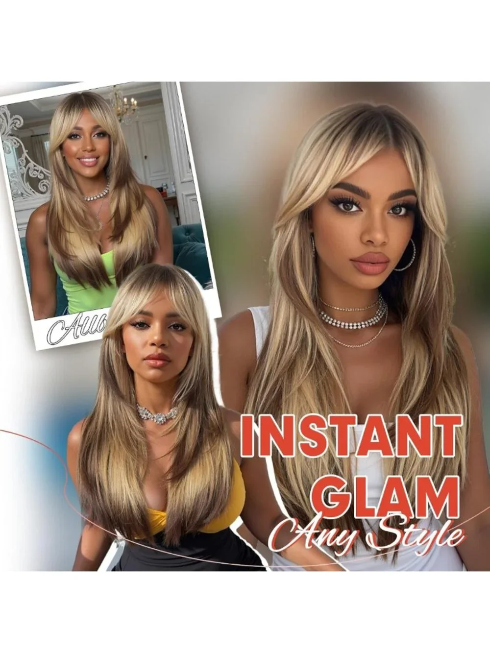Ombre Brown Blonde Long Straight Wig with Bangs | Heat Resistant Synthetic Hair